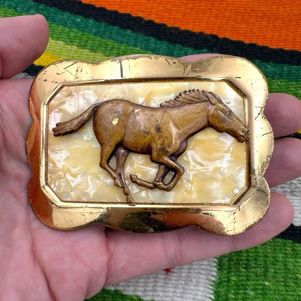VTG 1940s Wild Horse Brass Belt Buckle Cowboy Pearloid Backing Western